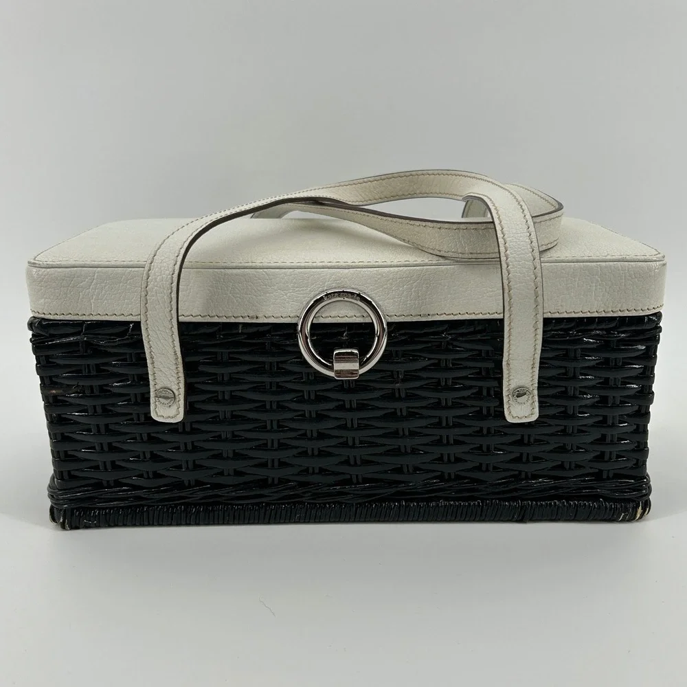Vintage Kate Spade New York Black Wicker Basket White Leather Bag Polka Dot - Picture 11 of 16
